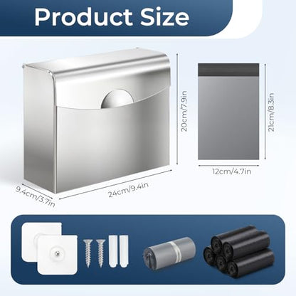 Sanitary Napkin Disposal Receptacle,9.4x7.8x3.5 inch Stainless Steel Wall Mounted Feminine Hygiene Waste bin with Disposable Sanitary Bags and Trash Bag Set for Bathroom,Office(Silver) - color: Silver