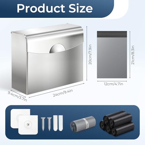 Sanitary Napkin Disposal Receptacle,9.4x7.8x3.5 inch Stainless Steel Wall Mounted Feminine Hygiene Waste bin with Disposable Sanitary Bags and Trash Bag Set for Bathroom,Office(Silver) - color: Silver