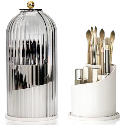 Eorbow Makeup Brush Holder Organizer with Lids, 360°Rotating Clear Dustproof Make Up Brush Container Box, Vanity Spinning Cosmetic Tools Storage Cup for Desktop Office Bathroom Countertop