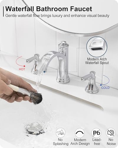 Waterfall Chrome Bathroom Faucet 3 Hole, Brass 4-16 Inch Widespread Bathroom Sink Faucet with Pop Up Drain, cUPC Supply Lines and 2 Handles for Vanity, Restroom, 10 Min Install - color: Chrome