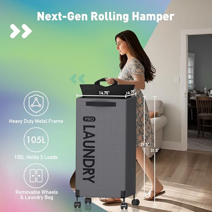 Caroeas Next-Gen 105L Matel Frame Laundry Basket with wheels, Heavy Duty Tall Rolling Laundry Hamper with Removable Wash Bag, Collapsible Freestanding Clothes Hamper For Laundry Room (100L,Grey,1Pack) - color: Grey