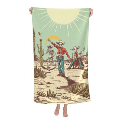 Retro Western Skeleton Beach Towel, 32x52in Microfiber Quick Dry Fun Cowboy Desert Cacti Vintage Bath Towels, Soft Lightweight Oversized Sand Free, for Travel Pool Swimming Gym Decor, Gifts - color: Skeleton