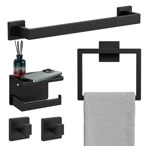 5-Pieces Matte Black Bathroom Hardware Set, 16 Inch Bathroom Towel Bar Set, SUS304 Stainless Steel Bathroom Hardware Accessories Set, Towel Racks for Bathroom Wall Mounted - size: 16 Inch (5 Pieces)