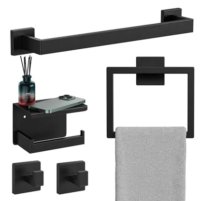 5-Pieces Matte Black Bathroom Hardware Set, 16 Inch Bathroom Towel Bar Set, SUS304 Stainless Steel Bathroom Hardware Accessories Set, Towel Racks for Bathroom Wall Mounted - size: 16 Inch (5 Pieces)