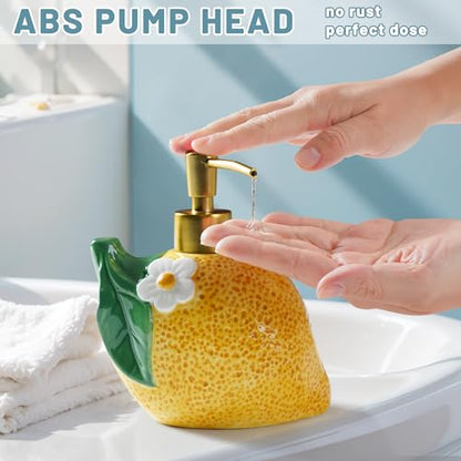 RQYIXI 17 OZ Lemon Ceramic Soap Dispenser with ABS Pump,Refillable Liquid Bathroom soap Dispenser for Lotion ,Body Wash ,Cute Kitchen Soap Dispenser for Dish Soap,Hand Soap - color: Lemon