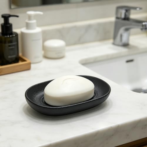 Ceramic Soap Dish for Bathroom & Kitchen Sink- Black Matte Textured Finish Bar Soap Holder for Shower - Easy to Clean Small Simple Oval Soap Dishes Holders for Bar Soaps, Sponges, Jewelry - color: Black- Textured Matte