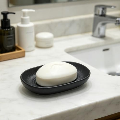 Ceramic Soap Dish for Bathroom & Kitchen Sink- Black Matte Textured Finish Bar Soap Holder for Shower - Easy to Clean Small Simple Oval Soap Dishes Holders for Bar Soaps, Sponges, Jewelry - color: Black- Textured Matte