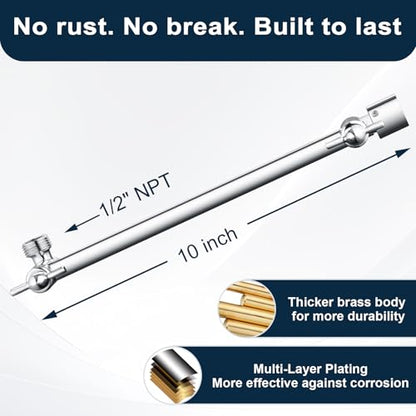 BRIGHT SHOWERS Brass Shower Head Extension Arm for Rain and Handheld Shower Head, 10 Inch Universal Shower Arm Extender, Height & Angle Adjustable, Chrome - color: Chrome, style: 10 Inch