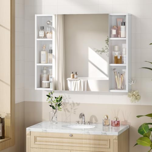 Hzuaneri Bathroom Cabinet with Mirror, Wall Cabinet with Storage Space | Wall Mounted with Reversible Install Storage Space,6 Open Compartments,3 Hidden Storage Shelves,Hooks,6.5"Dx25.6"Wx 31.5"H