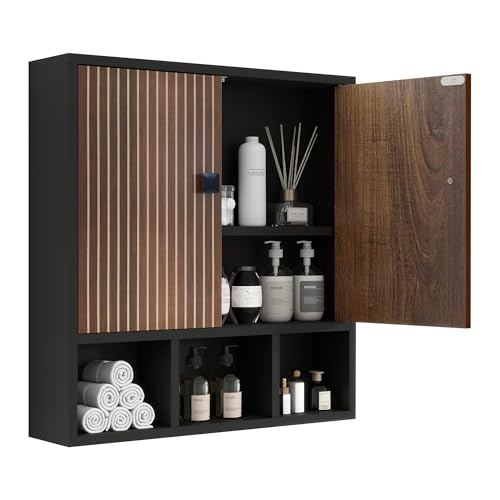 Bathroom Wall Cabinet,Wooden Medicine Cabinet with Fluted Doors Over The Toilet Storage Cabinet with Adjustable Shelf for Bathroom (Black) - color: Black-wood Block