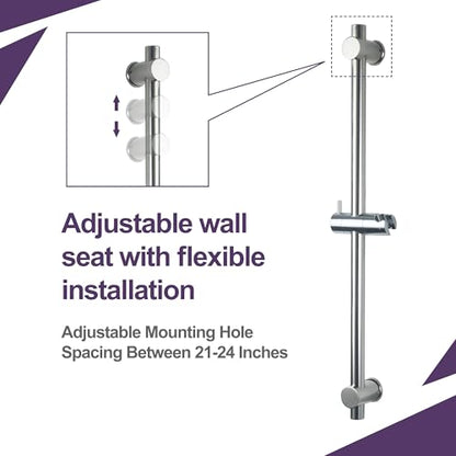 24 Inch Shower Slide Bar with Adjustable Shower Holder Wall Mount Sliding Bar Stainless Steel Wall Mounted Shower Slide Bar with Adjustable Shower Head Holder, Chrome