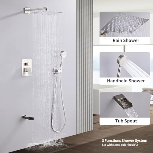 Brushed Nickel Shower Tub Faucet Set, Wall Mounted 8 Inch Shower Heads with Handheld Spray Combo and Tub Shower Faucet, Luxury Bathroom Square Rain Shower System - 4 Hooks - color: Brushed Nickel, style: 8 Inch with Tub Spout