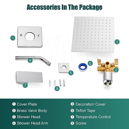 Heyalan 8-Inch Square Rain Shower Faucet Set with Valve, Polished Chrome | SUS304 stainless steel shower head, male NPT 1/2-inch valve, single-handle control, adjustable angle, 1.8 GPM - color: Chrome
