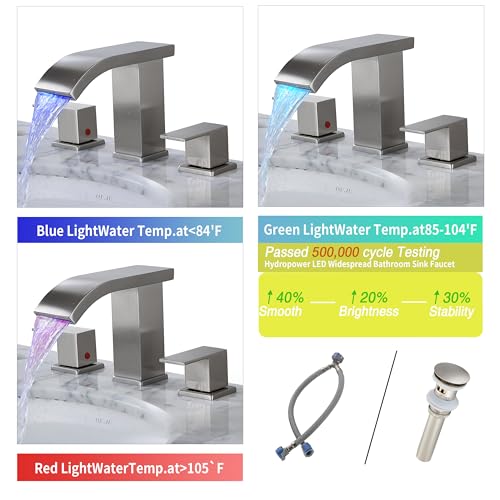 Bathroom faucets 3 Hole Widespread Brushed Nickel Bathroom Sink Faucet 8 inch LED Light Modern 3 Hole Vanity Faucet Bathroom with Pop Up Drain (Brushed Nickel) - color: Brushed Nickel