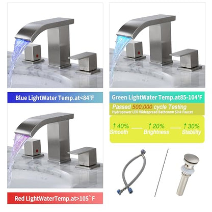 Bathroom faucets 3 Hole Widespread Brushed Nickel Bathroom Sink Faucet 8 inch LED Light Modern 3 Hole Vanity Faucet Bathroom with Pop Up Drain (Brushed Nickel) - color: Brushed Nickel