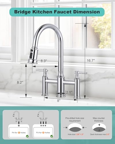 Bridge Faucet with Pull Down Sprayer: Brass Bridge Kitchen Faucet for 1 or 3 Hole - Chrome Two Handles 8 Inch Centerset Kitchen Sink Faucet for Farmhouse RV Laundry - color: Chrome