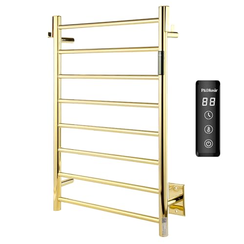 P&Dlusir EL13 Heated Towel Rack, Polished Gold, 8 Bar | Fast Heat in 2 Min, Smart Timer, Thermo Control, Memory Functoion, Stainless Steel, Hard-Wired/Plug-in - color: Polished Gold, size: 21.65"W x 31.54"H
