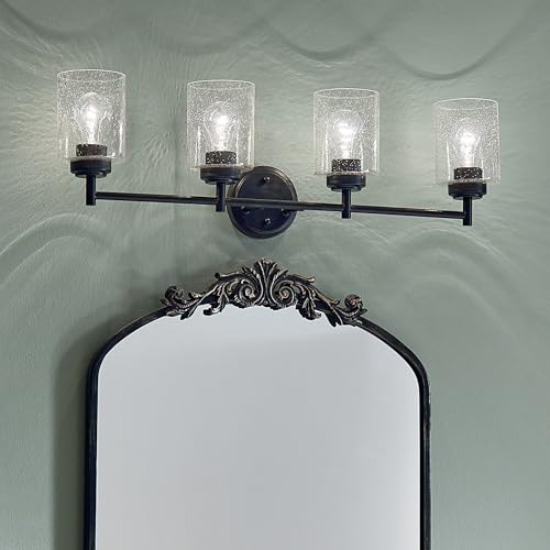 Kichler Winslow 4-Light Farmhouse Vanity Light, Black | Clear seeded glass vanity light with industrial styling (30" x 9.25" x 6.5"), 45887BK - color: Black, size: 30"