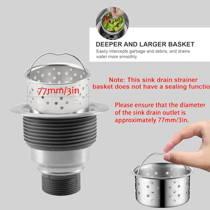 2pcs Kitchen Sink Drain Basket, 3-inch 304 Stainless Steel Drainage Filtration Basket with Handle for Kitchen Sink Strainer Replacement(1.57" Depth)