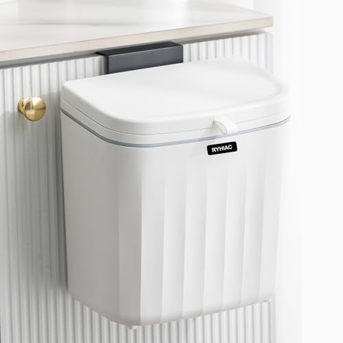 Kitchen Compost Bin Cabinet Hanging Small Trash Can with Lid 2.4 Gallon | Food Waste Bin for Counter Top Under Sink Rv Wall Mounted Bathroom Trash Can - color: ivory white