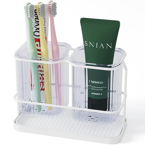 Countertop Toothbrush Holders, Wall Mounted Electric Tooth Brush and Toothpaste Holder for Bathroom with Hook, 2 Cups Toothbrush Organizer with Drain Tray Bathroom Accessories Storage (White) - color: White