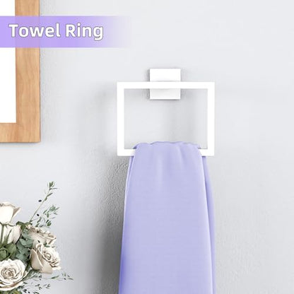 5-Pieces Bathroom Hardware Accessories Set, 24 Inch Stainless Steel Towel Racks for Bathroom, Towel Bar Set Towel Ring Coat Hook and Toilet Paper Holder with Shelf Wall Mounted, White - color: White