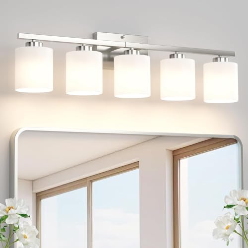 Honesorn 5-Light Bathroom Vanity Light, Anti-Rust Bathroom Light Fixtures | Bathroom Light Over Mirror, Milky White Frosted Shades, Brushed Nickel, E26 Socket(Bulbs Not Included) - color: Brushed Nickel, size: 5-Light