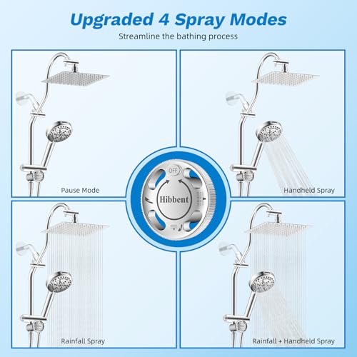 Hibbent High Pressue All Metal 8" Rainfall Shower Head, Handheld 10-Spray | cUPC Certified Chrome Dual Showerhead Combo, 4-way Diverter with Pause Mode, Brass Extension Arm, 71'' Shower Hose & Holder - color: Chrome, style: Square 8"