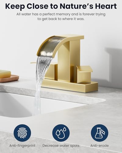 gotonovo Waterfall 4’’ Centerset Bathroom Sink Faucet Brushed Gold | 2 Handle Bathroom Faucet,SUS304,2 or 3 Hole,2.17’’ Wide Spout,24’’ cUPC Water Line,Pop Up Drain,Vanity,RV,Lavatory Modern Tap - color: Gold