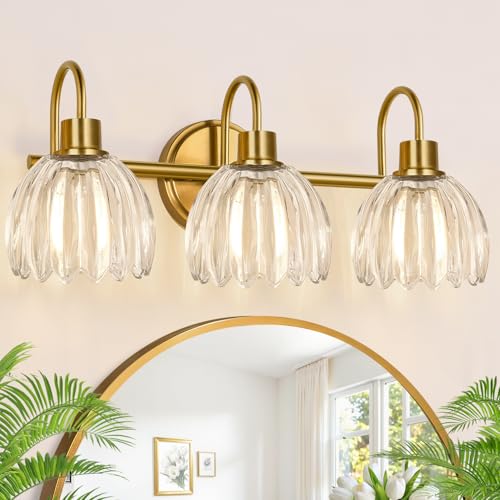 3-Light Bathroom Light Fixtures, 20" Brushed Gold Vanity Lights for Bathroom with Ribbed Clear Tulip Glass Shade, Vintage Wall Vanity Lighting Fixtures Over Mirror for Bathroom Living Room Hallway - color: Brushed Gold - Tulip Clear, size: 3-light