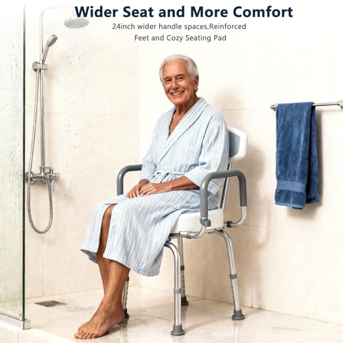 U Shaped Swivel Shower Chair with Arms & Back Support | 360° Rotating Bath Seat, Adjustable Width & Height, For Elderly Disabled Adults, 330 LBS Weight Capacity