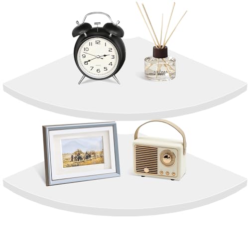 Homode Corner Wall Shelf, 12 in Wide Rounded Corner Shelf Floating, Set of 2 Wooden Hanging Corner Shelves with Wire Hole for Bathroom Living Room Office, White - color: White, size: Set of 2