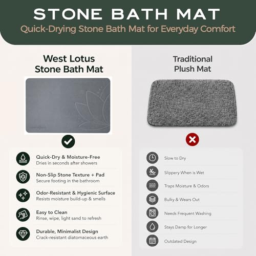 Stone Bath Mat, Diatomaceous Earth, Quick Dry - West Lotus | Non-Slip, Stone Bath Mats for Bathroom, Diatomite, 23.6"x15.4", Luxury Bath Mat - color: West Lotus