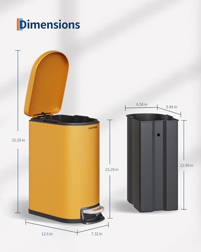 2.6 Gal / 10 L Metal Bathroom Trash Can with Lid, Slim Step-On Garbage Can with Soft Close Lid, Stainless Steel Waterproof Trash Bin for Bedroom with Inner Bucket, Rear Handle, Yellow - color: Yellow