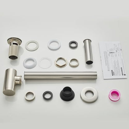 Bathroom Basin Sink Waste P-Trap Drain Kit, Adjustable Bottle Trap with Pop Up Drain Stopper with Overflow, Brushed Nickel