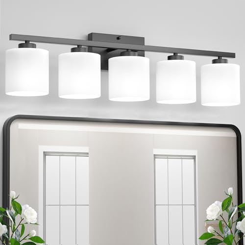 Honesorn Black Vanity Light, 5-Light Bathroom Light Fixtures, Frosted Shade | Matte Black Bathroom Vanity Light, Wall Sconces with Milky White Frosted Shades for Bedroom,E26 Socket(Bulbs Not Included) - color: Matte Black, size: 5-Light