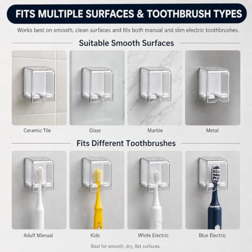 Toothbrush Holders for Bathroom Wall Mounted, 2 Pack Flip Cover Toothbrush Holder with Drainage, Self Adhesive Toothbrush Organizer for Electric Toothbrush, Manual Toothbrush, Shower, Mirror, Tile (2)