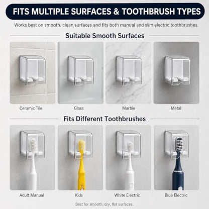 Toothbrush Holders for Bathroom Wall Mounted, 2 Pack Flip Cover Toothbrush Holder with Drainage, Self Adhesive Toothbrush Organizer for Electric Toothbrush, Manual Toothbrush, Shower, Mirror, Tile (2)