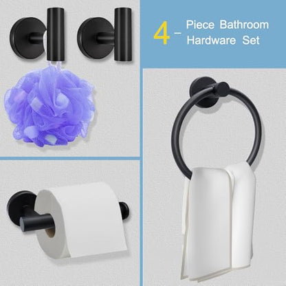 Matte Black Bathroom Hardware Set - Stainless Steel Wall-Mounted Toilet Paper Holder, Towel Ring & 2 Handy Hooks for Modern Bathroom Accessories | Rust-Resistant Towel Hook Set with Easy Installation