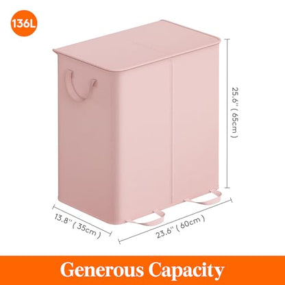 Lifewit Double Laundry Hamper with Lid and Removable Laundry Bags, Large Collapsible 2 Dividers Dirty Clothes Basket with Handles for Bedroom Laundry Room Closet Bathroom College, 136L Pink - color: Pink, size: 136L