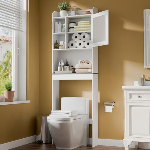 SUPER DEAL Over The Toilet Bathroom Storage Cabinet Freestanding Wooden Bathroom Organizer with Adjustable Shelves and Glass Door, White - color: White