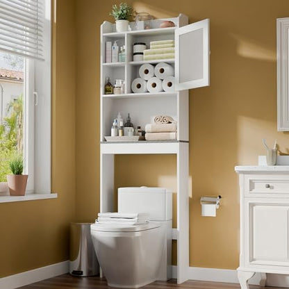 SUPER DEAL Over The Toilet Bathroom Storage Cabinet Freestanding Wooden Bathroom Organizer with Adjustable Shelves and Glass Door, White - color: White