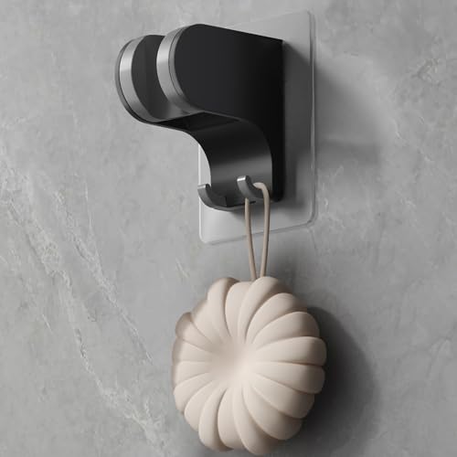 Hand Held Shower Head Holder Wall Mount, 2 Hooks, Black, 1 Pack | Shower Hose Holder Adhesive with 2 Hanger Hooks, Adjustable Shower Handle Holder, No Drilling Shower Wand Holder - color: Black