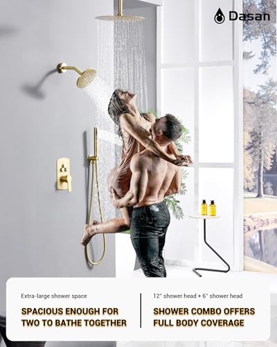 Dasan Rainfall Full Body Shower Faucet System with 12'' Round Shower & 6'' Round Shower,Brushed Gold Dual Shower Head Faucets Set with Handheld & Valve, Double Shower Head System for Couples/ 2-Person - color: Brushed Gold