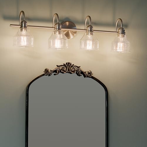 Kichler Avery 33.25" 4 Light Bathroom Vanity Light in Brushed Nickel, Vintage Bathroom Wall Mount Fixture with Clear Seeded Glass, (33.25" W x 9.25" H), 45974NI