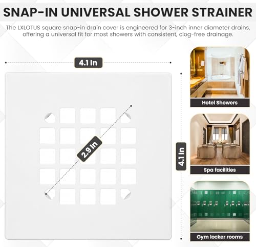 4-1/4” Square Snap-in White Shower Drain - Stainless Steel Replacement - 4.25 inch Durable Floor Cover -Snap-in - Easy Installation Universal Grate Strainer - color: White