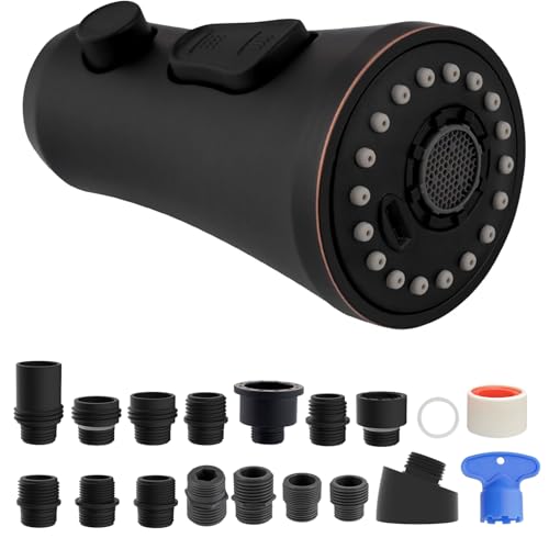 Hibbent Pull Down Kitchen Faucet Head Replacement, 3-Function NSF/ANSI/CAN 61 & CUPC Certified Sink Spray Nozzle, 15 Adapters, Compatible with Moen, Delta, Kohler Faucets, Oil-Rubbed Bronze - color: Oil Rubbed Bronze, style: Stay on sprayer without hold b