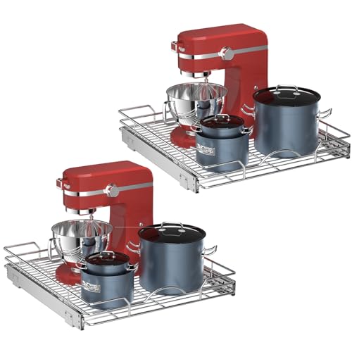 OCG Pull Out Cabinet Organizer 2 Pack (21" W x 21" D), Pull out Shelves 1 Tier, Cabinet Slide Out Shelves for Base Cabinet Organization in Kitchen Bathroom Pantry, Bottom Mount, Chrome Finish - size: 21W21D, 2Pack
