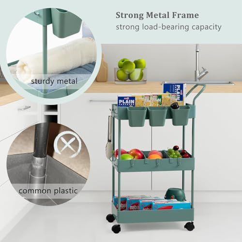 Storage Cart on Wheels, 3 Tier Bathroom Cart Organizer Slim Laundry Narrow Shelf with Wheels Dividers Hanging Cups Hooks Handle Easy Assembly, Green - style: 3 Tier Green