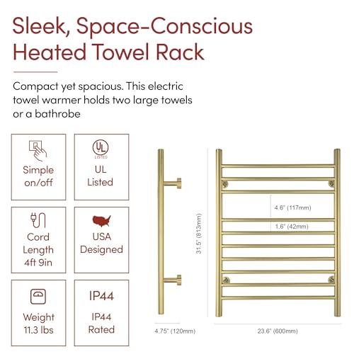 Heated Towel Rack, 10-Bar Wall-Mounted Electric Towel Warmer, Polished Gold, Plug-in or Hardwired, Luxury Bathroom Accessory for Warm, Dry Towels (WarmlyYours Infinity) - color: Polished Gold